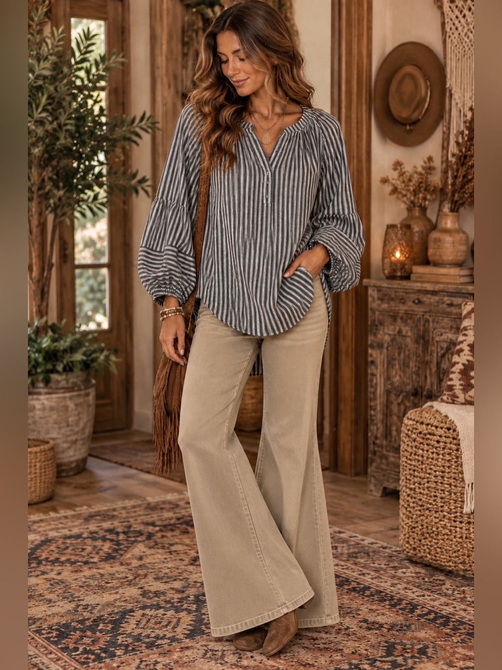 Time and Tru Cotton Blue and White Striped Peasant Top